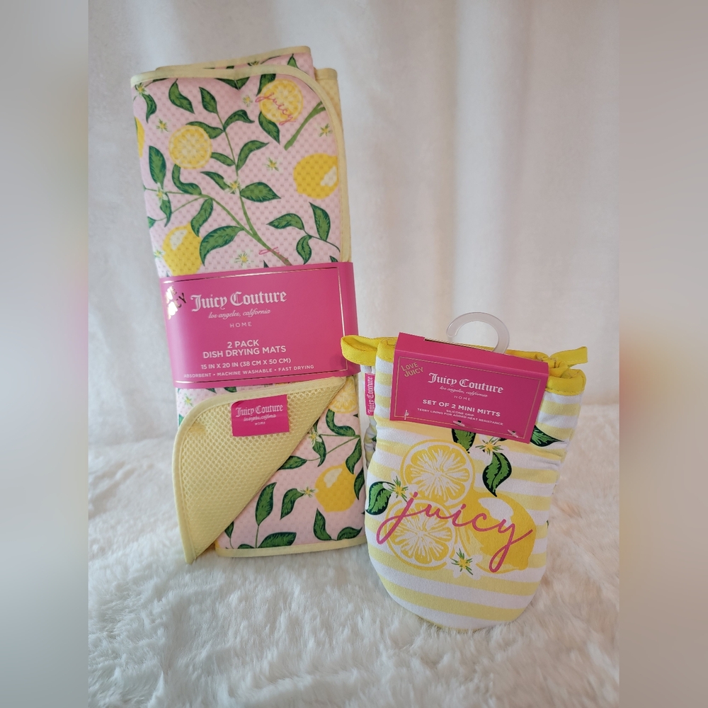 Juicy Couture Lemon 2 Pack Dish Drying Mats and Set of 2 Mini Mitts